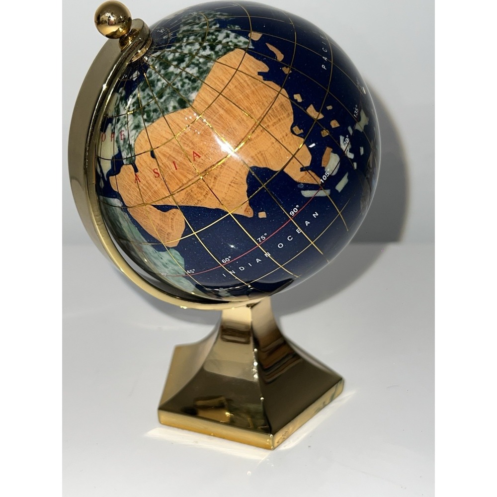 GLOBE Blue Lapis Semi Precious Inlaid Gemstones & Brass Stand Desktop (6/b20